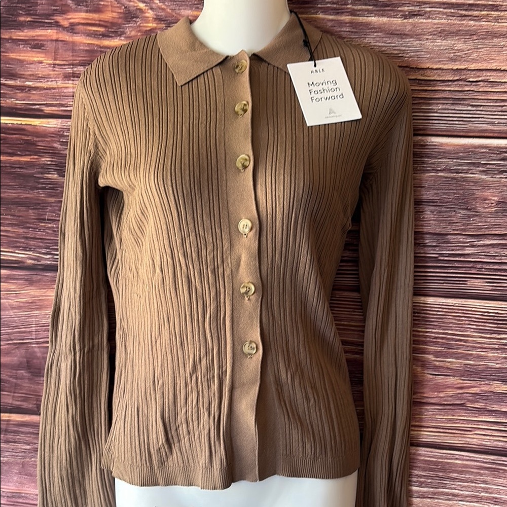 Able Tan Ribbed Button-Up Shirt